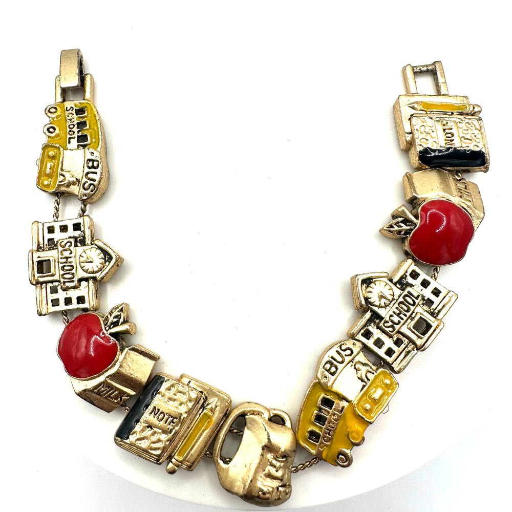 Vintage gold tone school teacher red yellow enamel slider charms bracelet